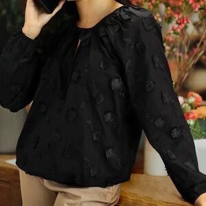 M&S Collection Black Floral Fil-Coupe Blouse Long Sleeve Tie Neck Top Size 8